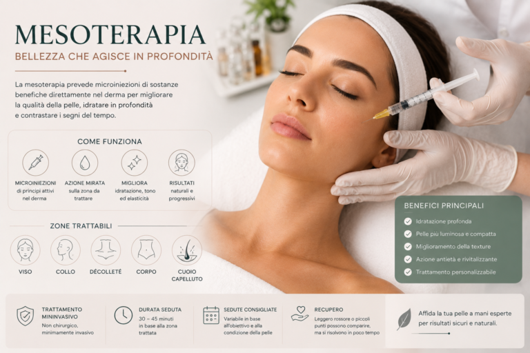 Mesoterapia: trattamento di medicina estetica con microiniezioni per migliorare idratazione, elasticità e qualità della pelle.