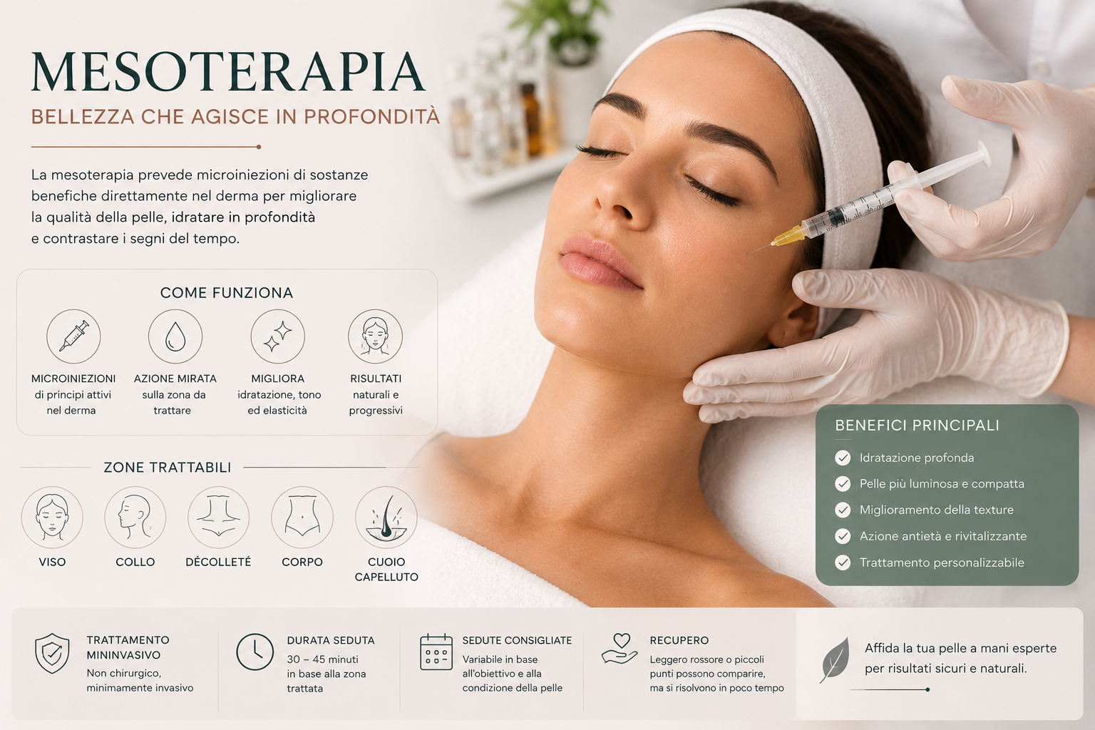 Mesoterapia: trattamento di medicina estetica con microiniezioni per migliorare idratazione, elasticità e qualità della pelle.