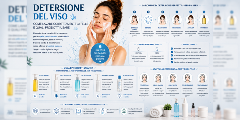 Detersione del viso con detergente delicato e skincare per pulire la pelle correttamente