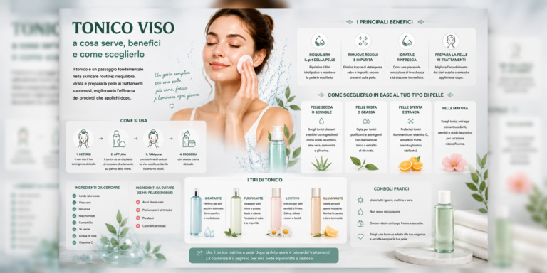 Tonico viso applicato dopo la detersione con prodotti skincare per idratare e riequilibrare la pelle