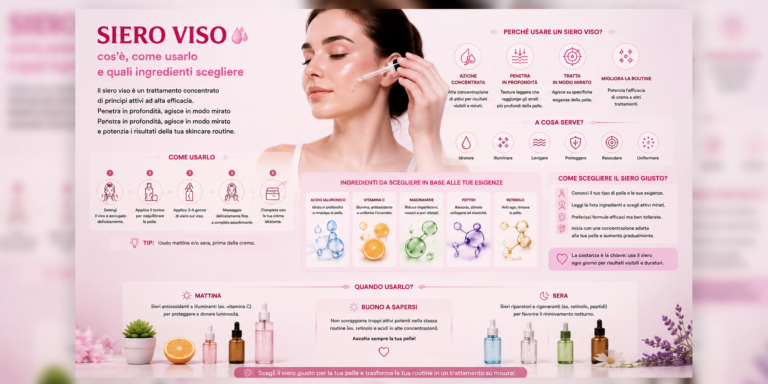 Siero viso applicato sulla pelle dopo la detersione con ingredienti skincare per idratazione e trattamento mirato