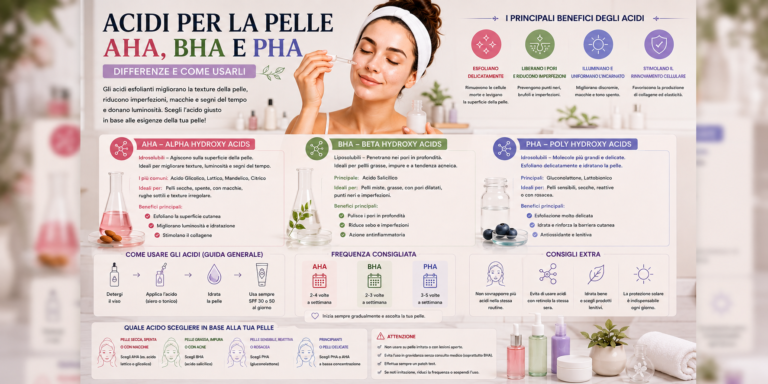 Prodotti skincare con AHA BHA e PHA utilizzati per l'esfoliazione e la cura della pelle del viso