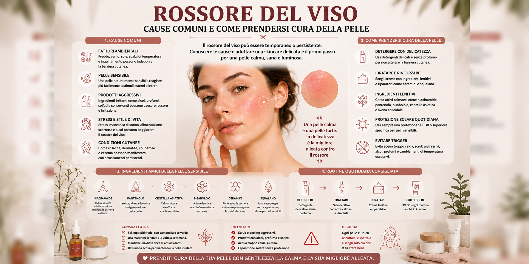 Donna con rossore sulle guance durante una routine skincare per pelle sensibile