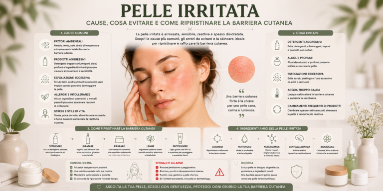 Donna con pelle irritata e arrossata durante una routine skincare per ripristinare la barriera cutanea