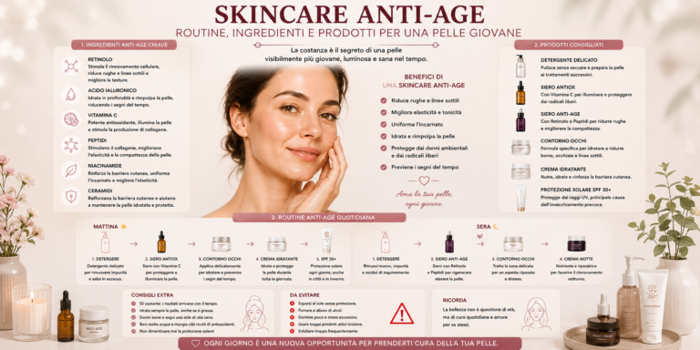 Donna adulta con pelle luminosa durante una routine skincare anti-age