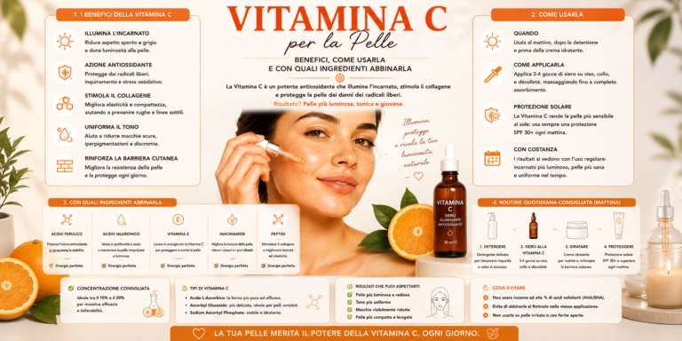 Siero alla vitamina C applicato sul viso durante una routine skincare illuminante