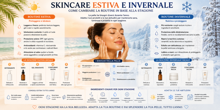 Routine skincare estiva e invernale con prodotti per idratazione e protezione della pelle