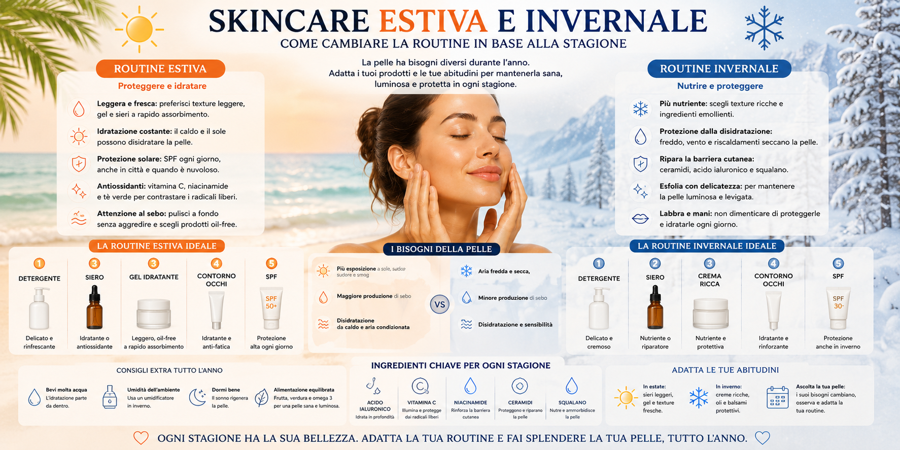Routine skincare estiva e invernale con prodotti per idratazione e protezione della pelle