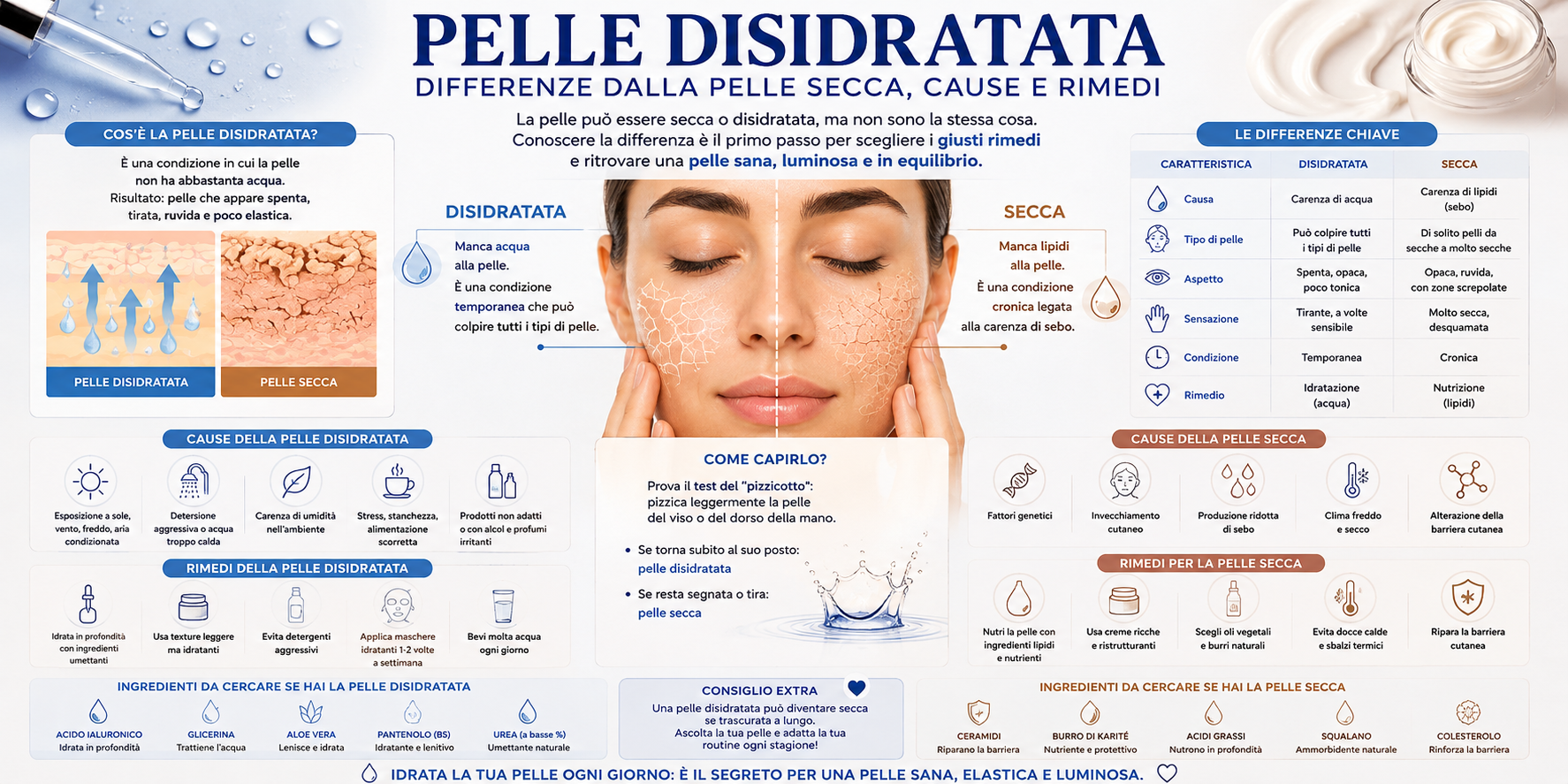 Pelle disidratata del viso con prodotti skincare idratanti e ingredienti per sostenere la barriera cutanea
