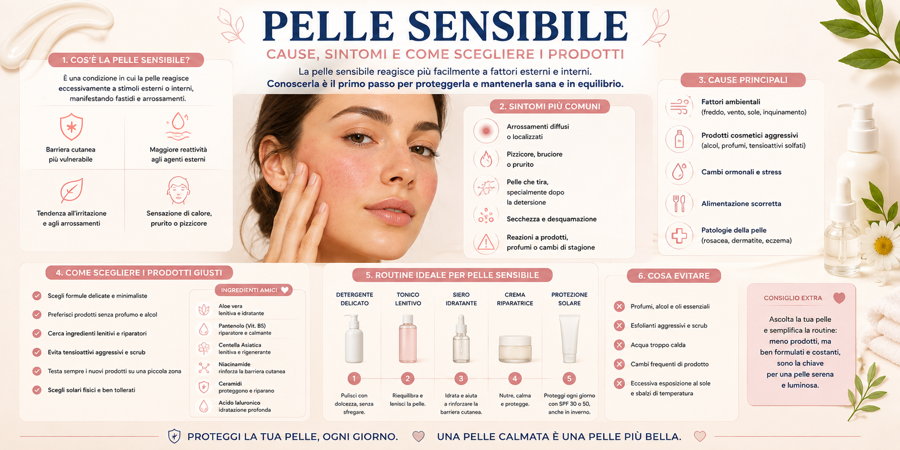 Pelle sensibile del viso con rossore e prodotti skincare delicati per proteggere la barriera cutanea