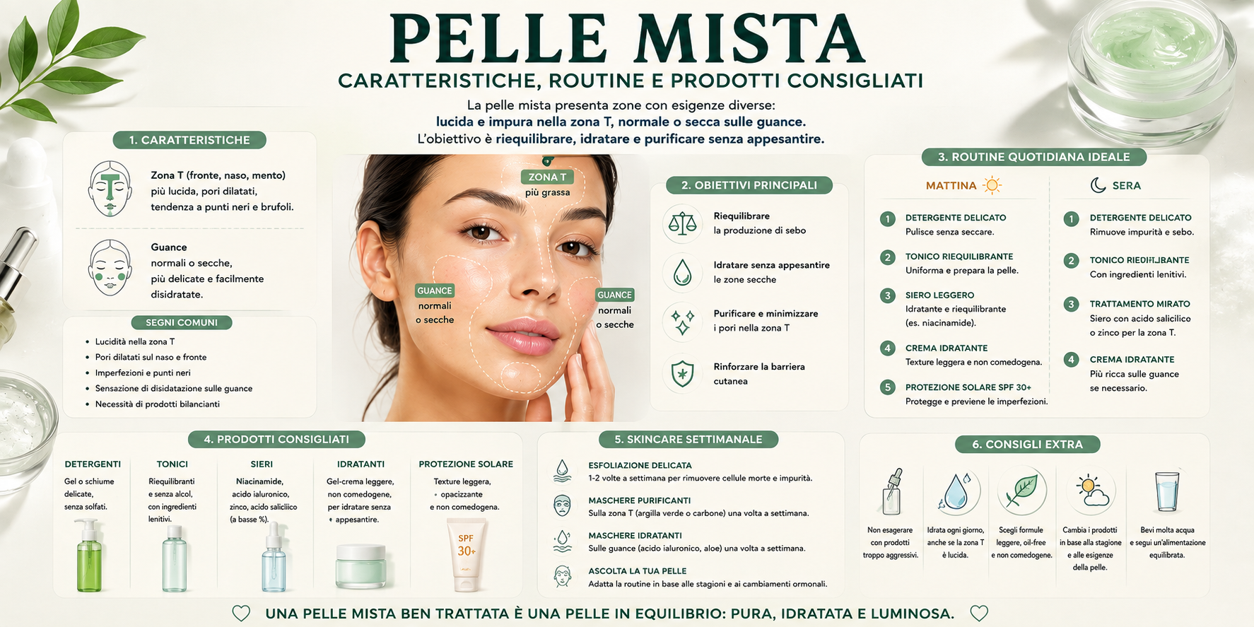 Pelle mista del viso con zona T più oleosa e guance più secche e skincare adatta