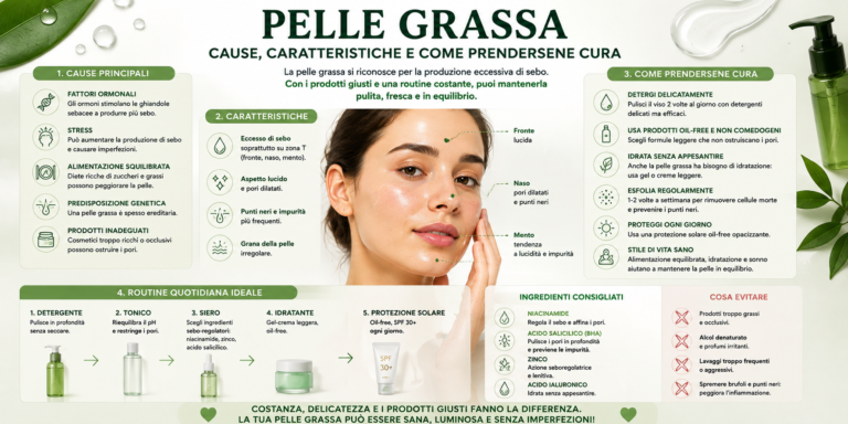 Pelle grassa del viso con skincare per controllare il sebo e mantenere la pelle equilibrata