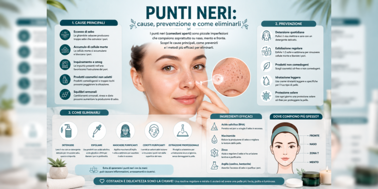 Pelle del viso con punti neri nella zona del naso e trattamento skincare per i comedoni
