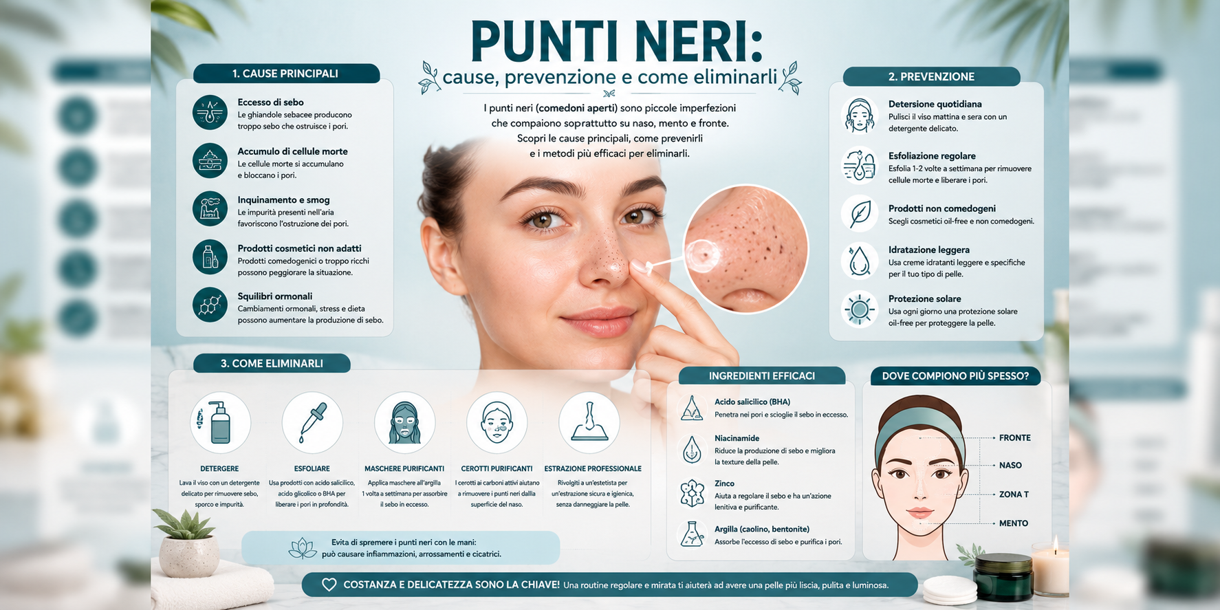 Pelle del viso con punti neri nella zona del naso e trattamento skincare per i comedoni