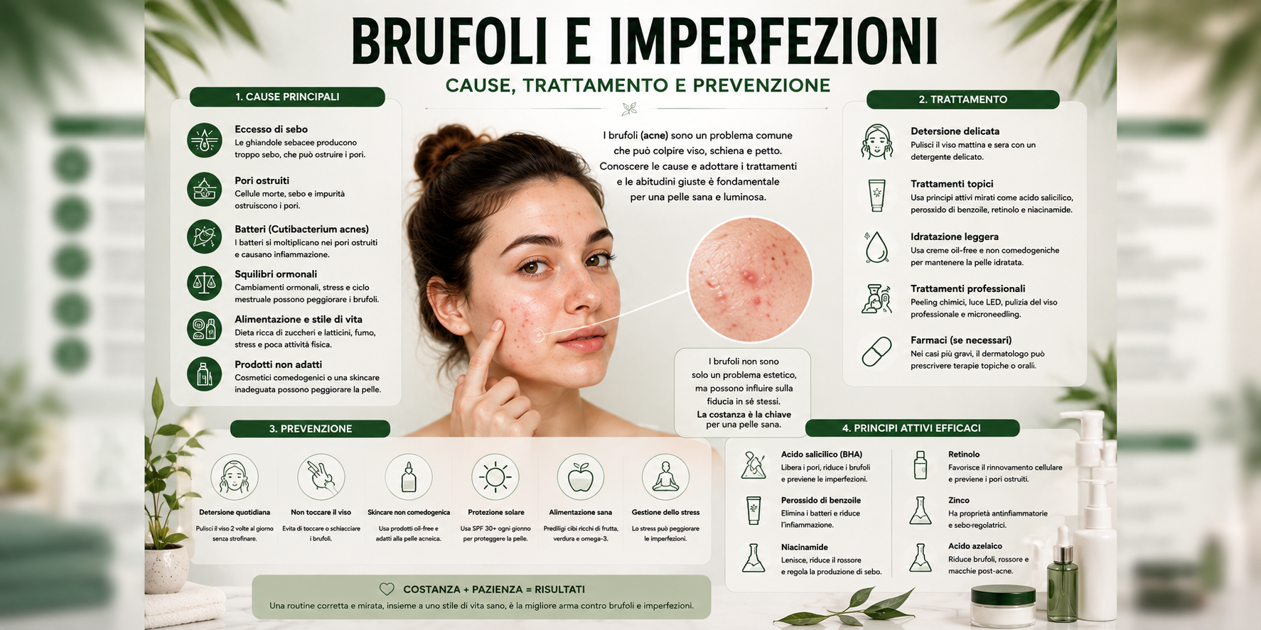 Pelle del viso con brufoli e imperfezioni durante una routine di trattamento skincare