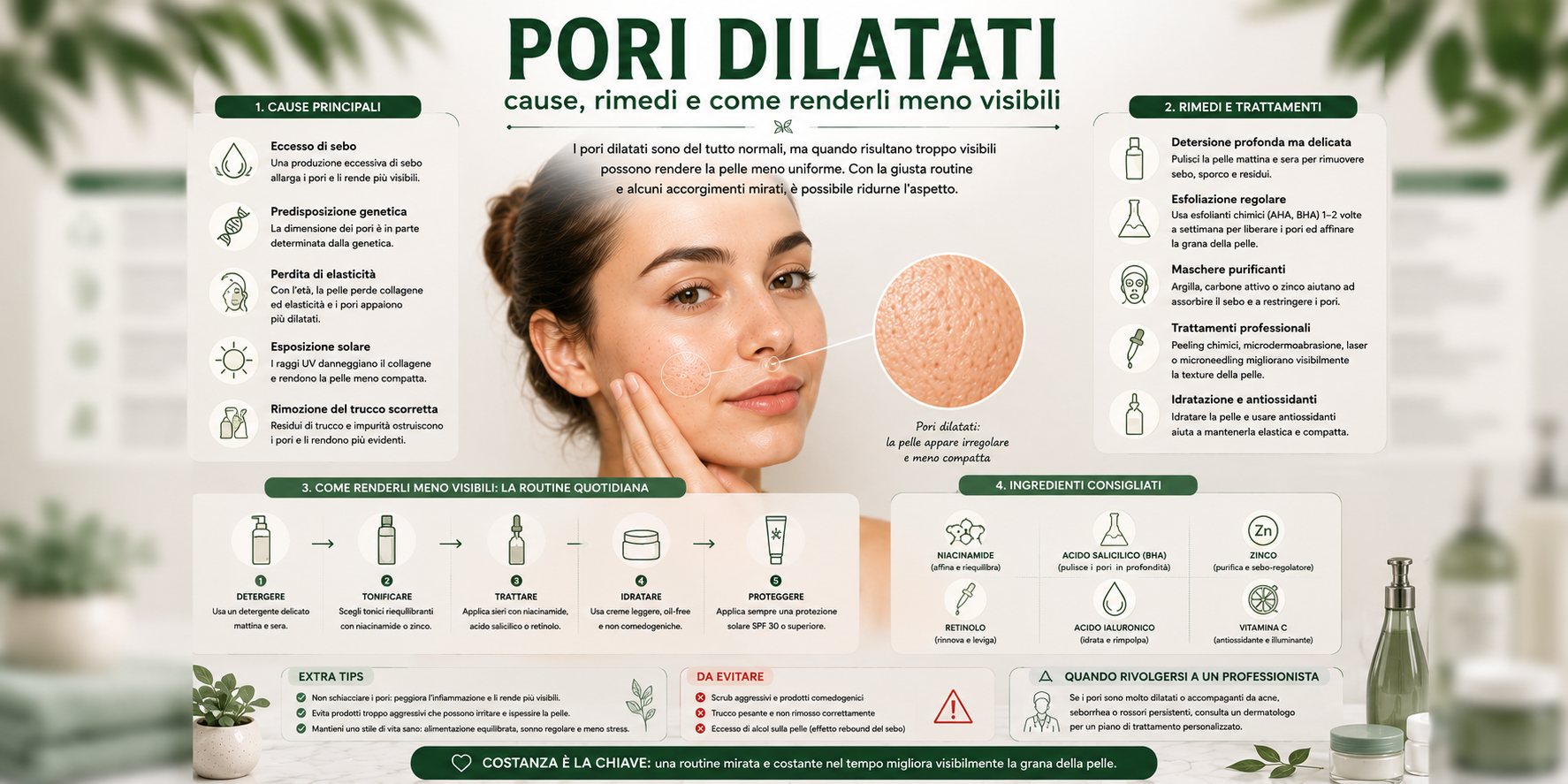 Pelle del viso con pori visibili e routine skincare per rendere i pori meno evidenti