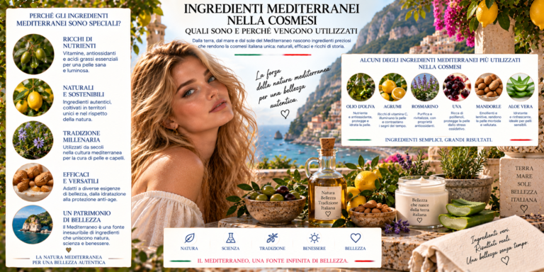 Ingredienti mediterranei nella cosmesi con olio d'oliva, agrumi, aloe vera, mandorle ed erbe aromatiche