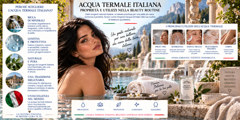 Acqua termale italiana utilizzata nella beauty routine con spray per la cura della pelle
