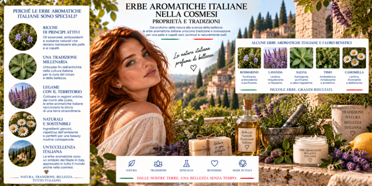 Erbe aromatiche italiane come rosmarino, lavanda, salvia e menta utilizzate nella cosmetica