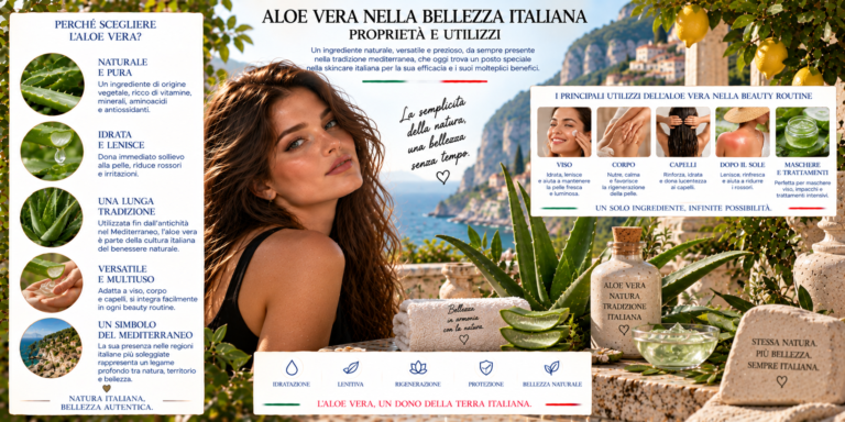 Aloe vera nella cosmetica italiana con gel di aloe, foglie della pianta e prodotti per la cura della pelle