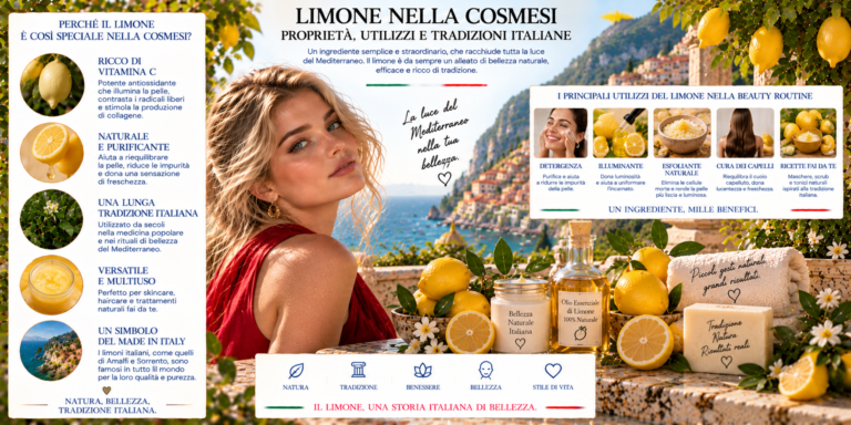 Limone nella cosmetica italiana con prodotti beauty, agrumi e ingredienti mediterranei