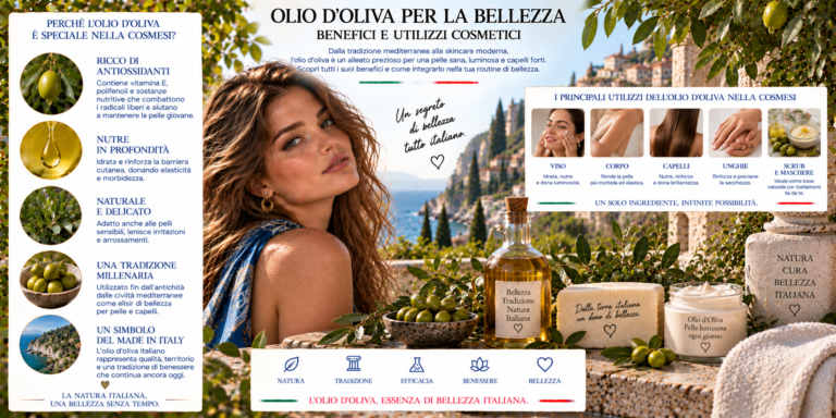 Olio d'oliva utilizzato nella cosmetica italiana per la cura di pelle, corpo e capelli