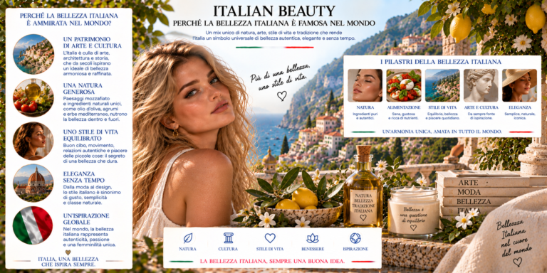 Italian Beauty con donna elegante, skincare, make-up, profumo e dettagli ispirati allo stile italiano