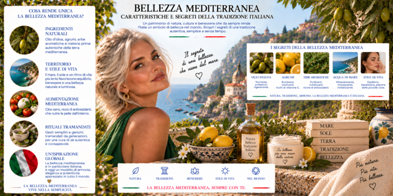 Donna italiana con look naturale ispirato alla bellezza mediterranea tra agrumi e prodotti cosmetici
