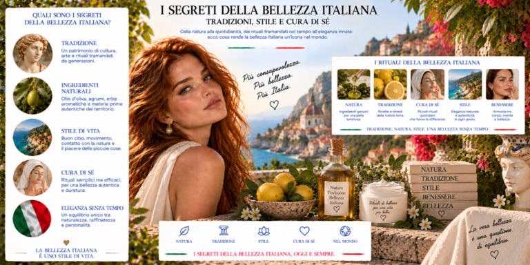 Donna italiana durante un rituale di bellezza con skincare, profumo e prodotti cosmetici