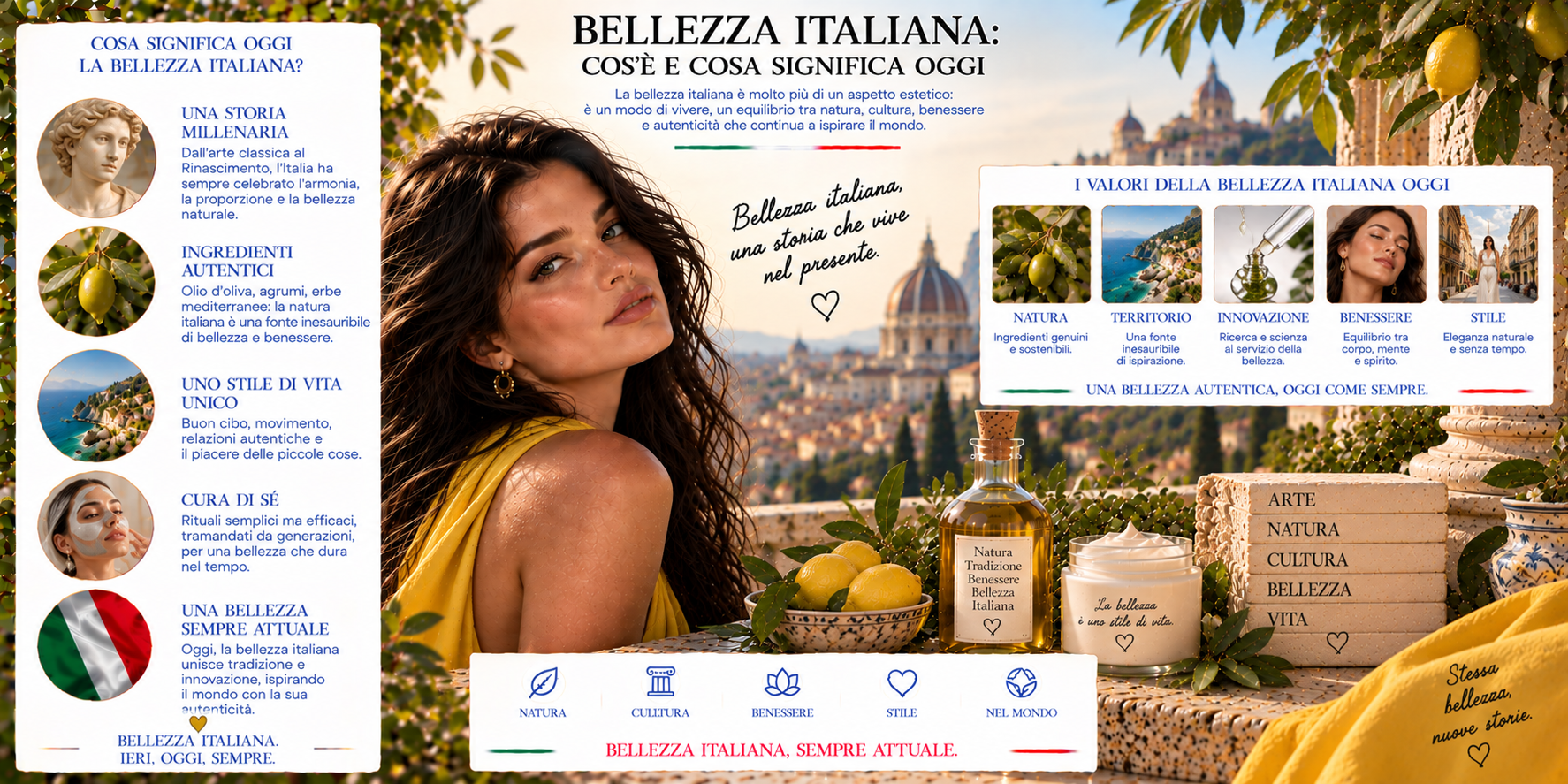 Donna italiana elegante durante un rituale di bellezza ispirato alla tradizione italiana