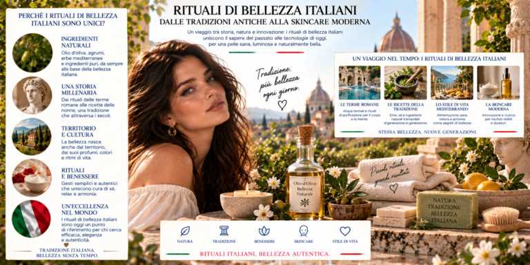 Rituali di bellezza italiani con skincare, olio d'oliva, erbe aromatiche, profumo e prodotti mediterranei