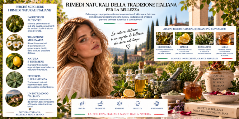 Rimedi naturali della tradizione italiana per la bellezza con olio d'oliva, miele, camomilla, lavanda e rosmarino