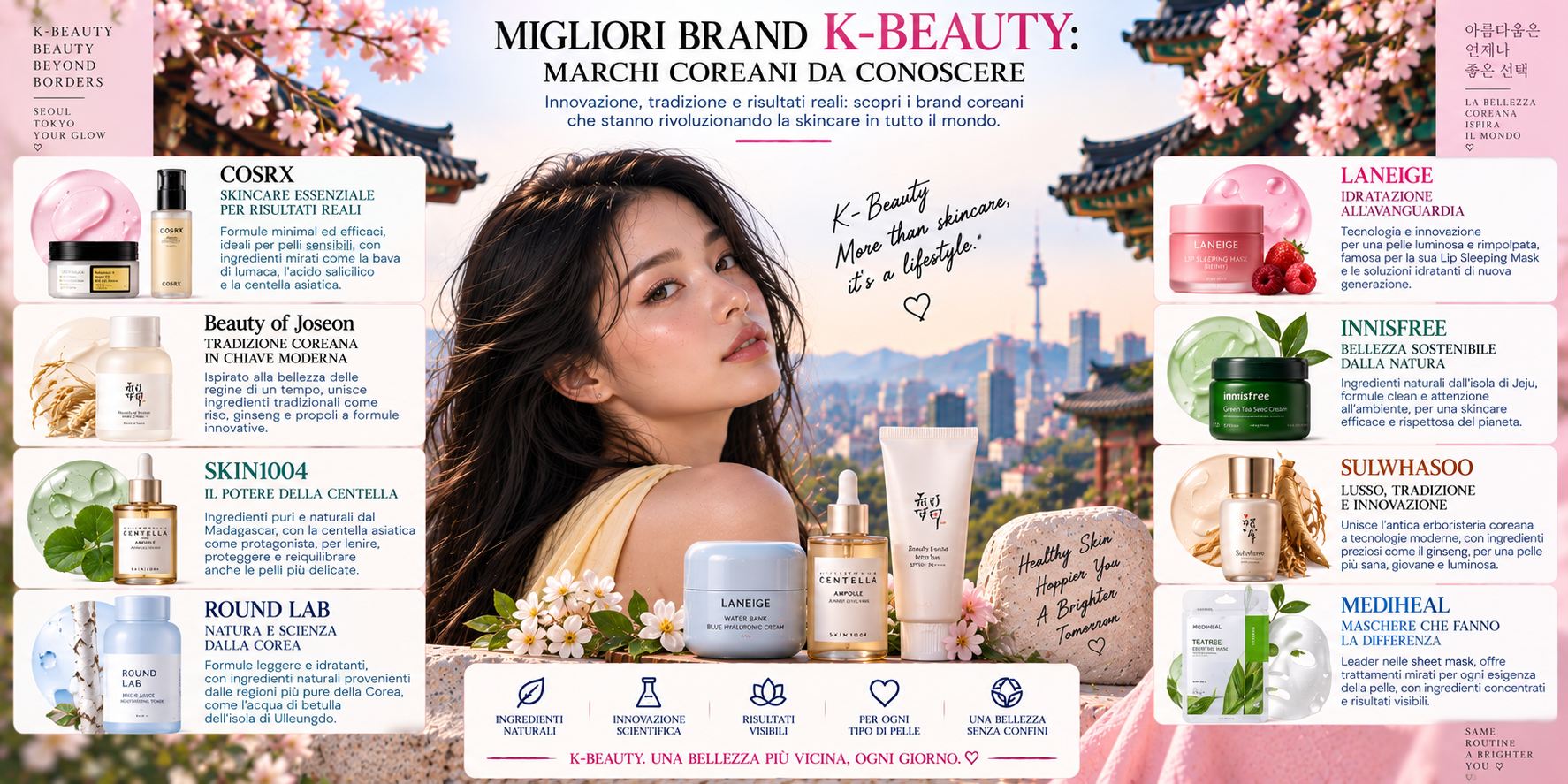 Migliori brand K-Beauty coreani di skincare e make-up con prodotti rappresentativi della cosmetica coreana