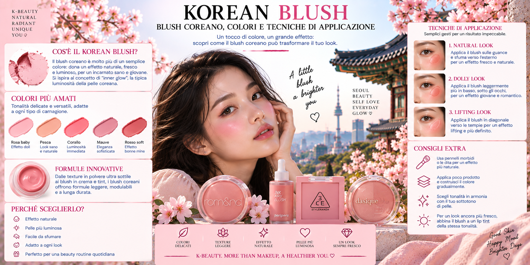 Korean Blush rosa e pesca applicato sulle guance per un look fresco, luminoso e naturale in stile K-Beauty