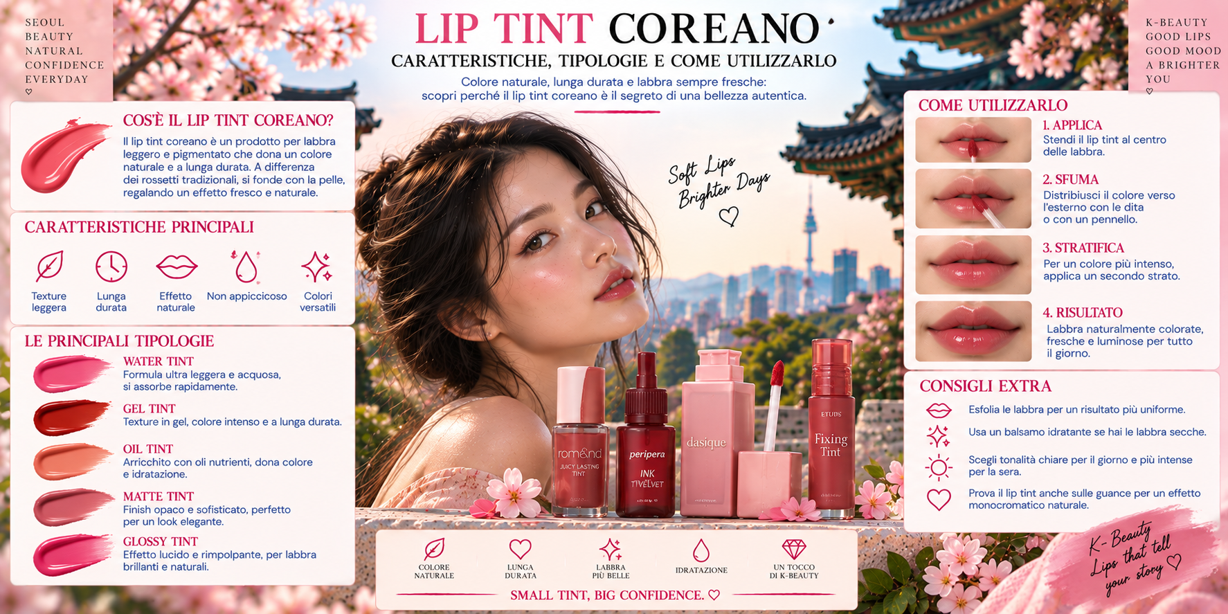 Lip Tint coreano in diverse texture e tonalità per creare un Gradient Lip e un make-up labbra naturale in stile K-Beauty
