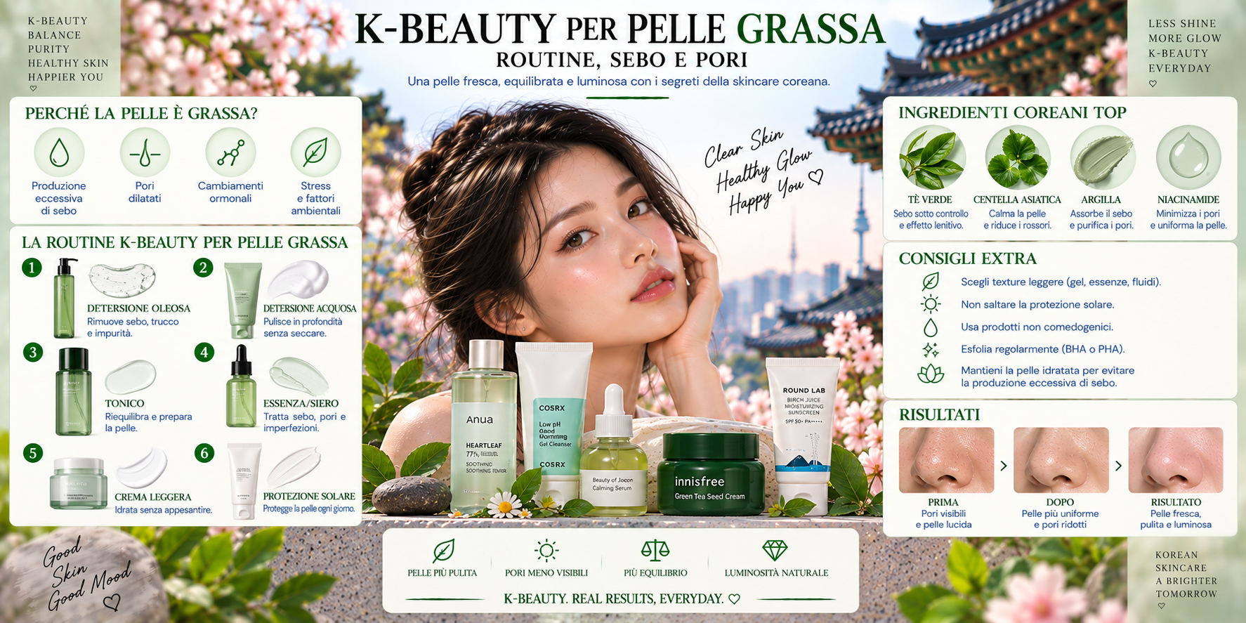 K-Beauty per pelle grassa con niacinamide, acido salicilico, tè verde e prodotti coreani per il controllo del sebo e dei pori