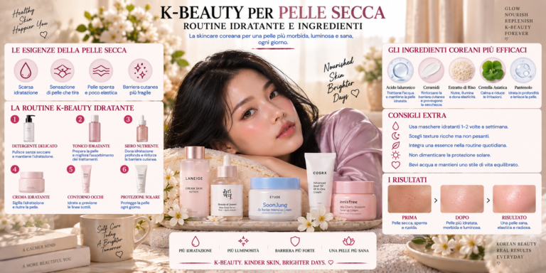 K-Beauty per pelle secca con acido ialuronico, ceramidi, pantenolo, riso e prodotti coreani idratanti per una routine complete
