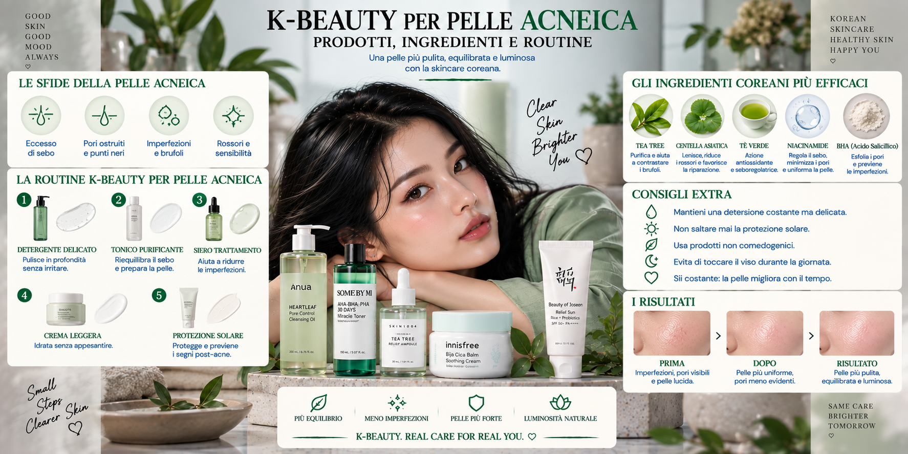 K-Beauty per pelle acneica con acido salicilico, niacinamide, Centella Asiatica e prodotti coreani per una routine equilibrata e delicata
