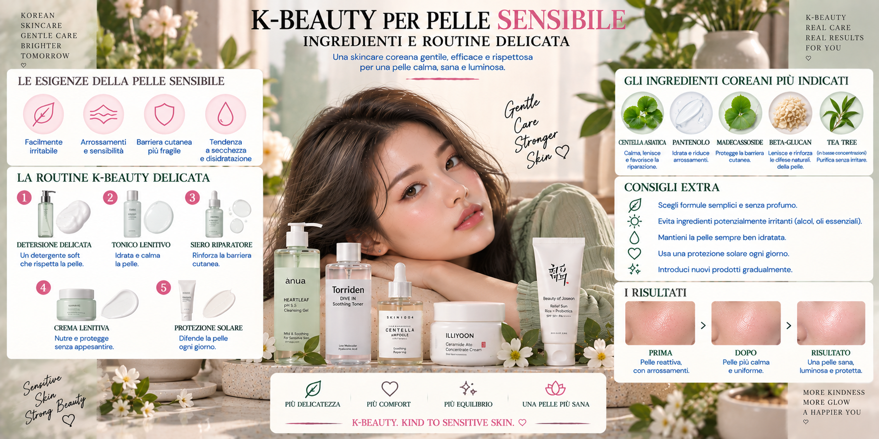 K-Beauty per pelle sensibile con Centella Asiatica, ceramidi, pantenolo, essence e crema per una routine coreana delicata e idratante