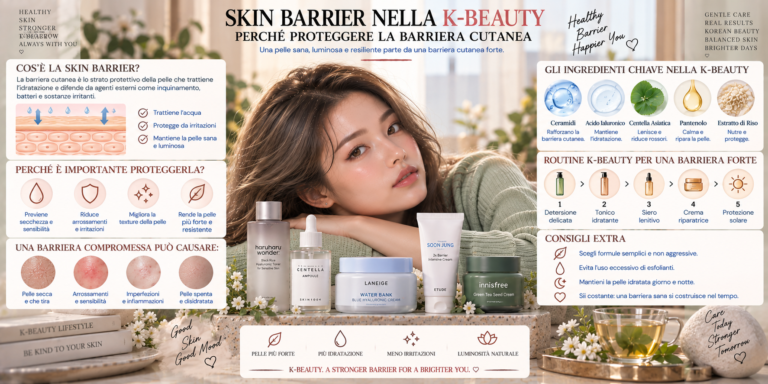 Skin Barrier nella K-Beauty con ceramidi, pantenolo, acido ialuronico e prodotti coreani per una barriera cutanea idratata e protetta