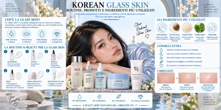 Korean Glass Skin con routine K-Beauty, essence, siero, crema e prodotti coreani per una pelle luminosa, idratata e levigate