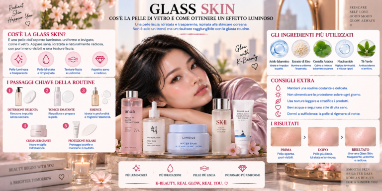 Glass Skin coreana con pelle luminosa e idratata, essence, siero, crema e prodotti K-Beauty per un effetto pelle di vetro