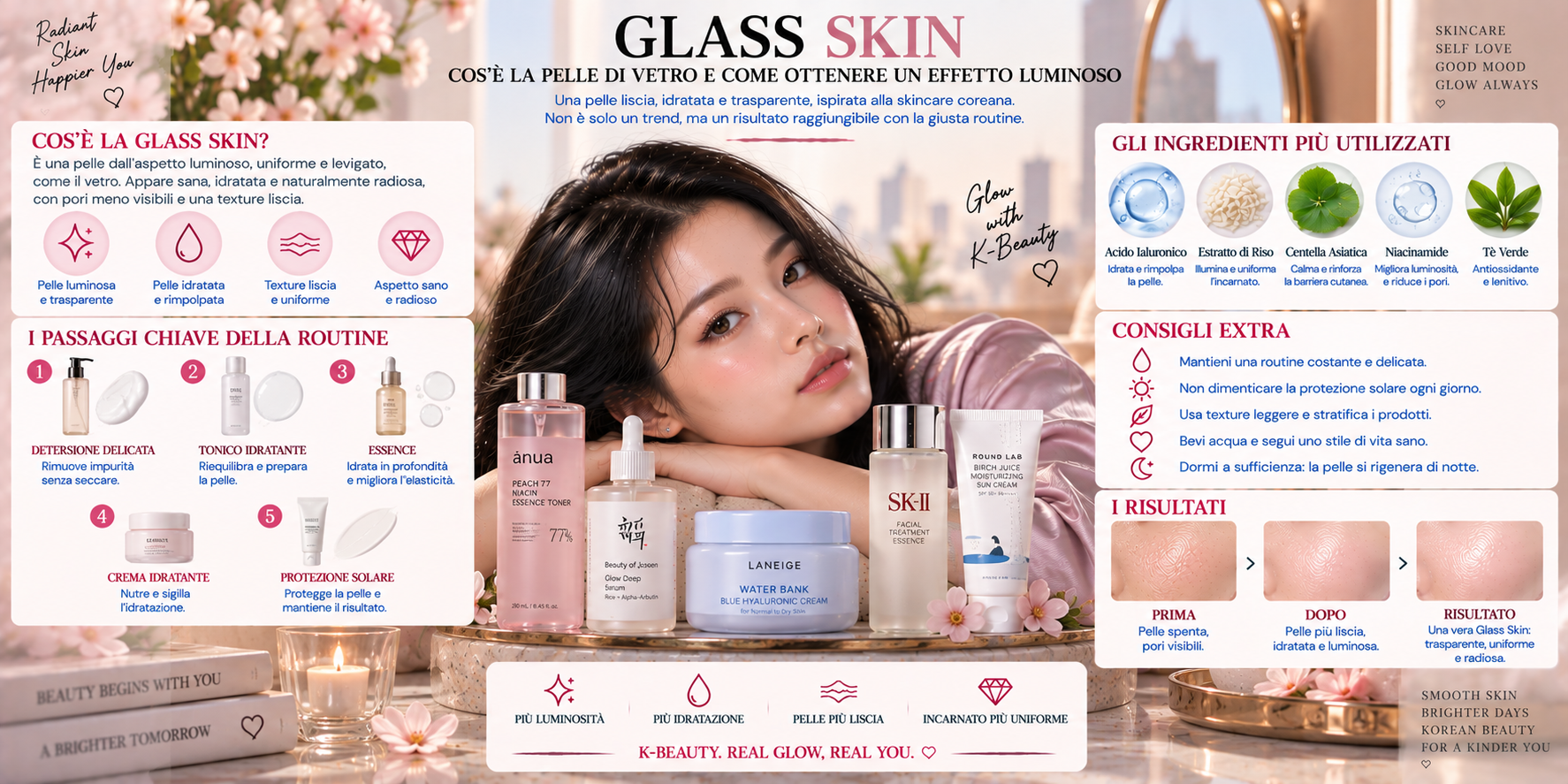 Glass Skin coreana con pelle luminosa e idratata, essence, siero, crema e prodotti K-Beauty per un effetto pelle di vetro