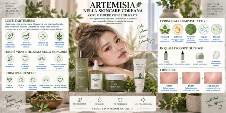 Artemisia nella skincare coreana K-Beauty con foglie di mugwort, essence, toner e cosmetici dedicati alla pelle sensibile e luminosa