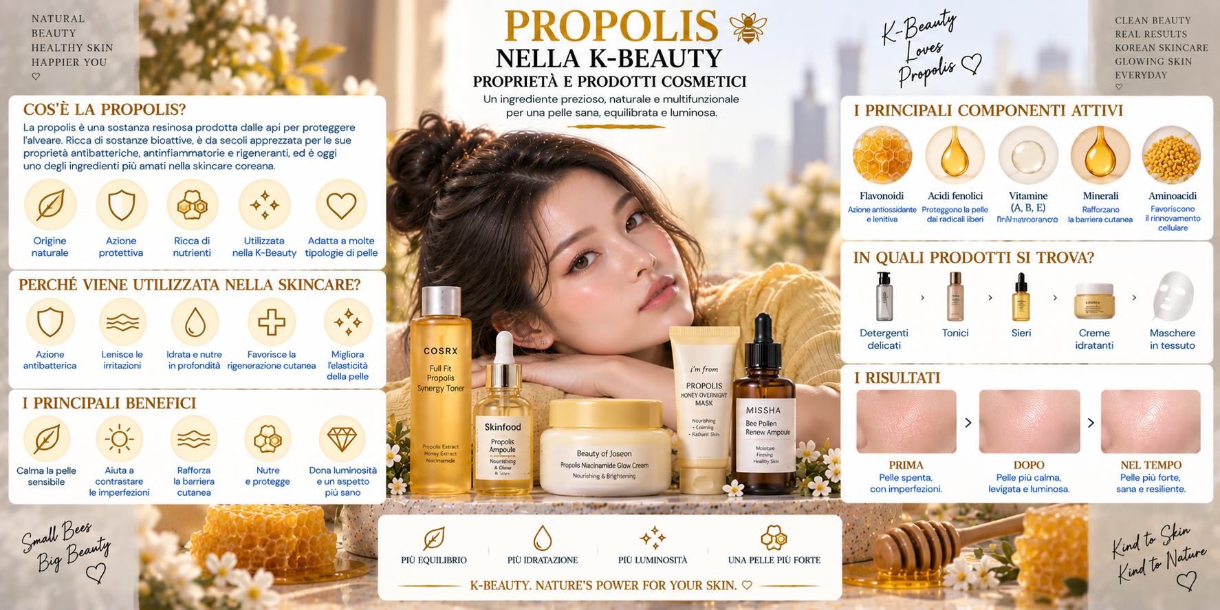 Propolis nella skincare coreana K-Beauty con alveare, propoli, essence, siero e crema per una pelle luminosa e idratata