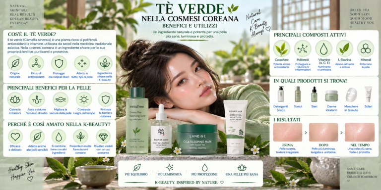 Tè verde nella skincare coreana K-Beauty con foglie di tè verde, essence, siero e prodotti cosmetici per una pelle fresca e luminosa