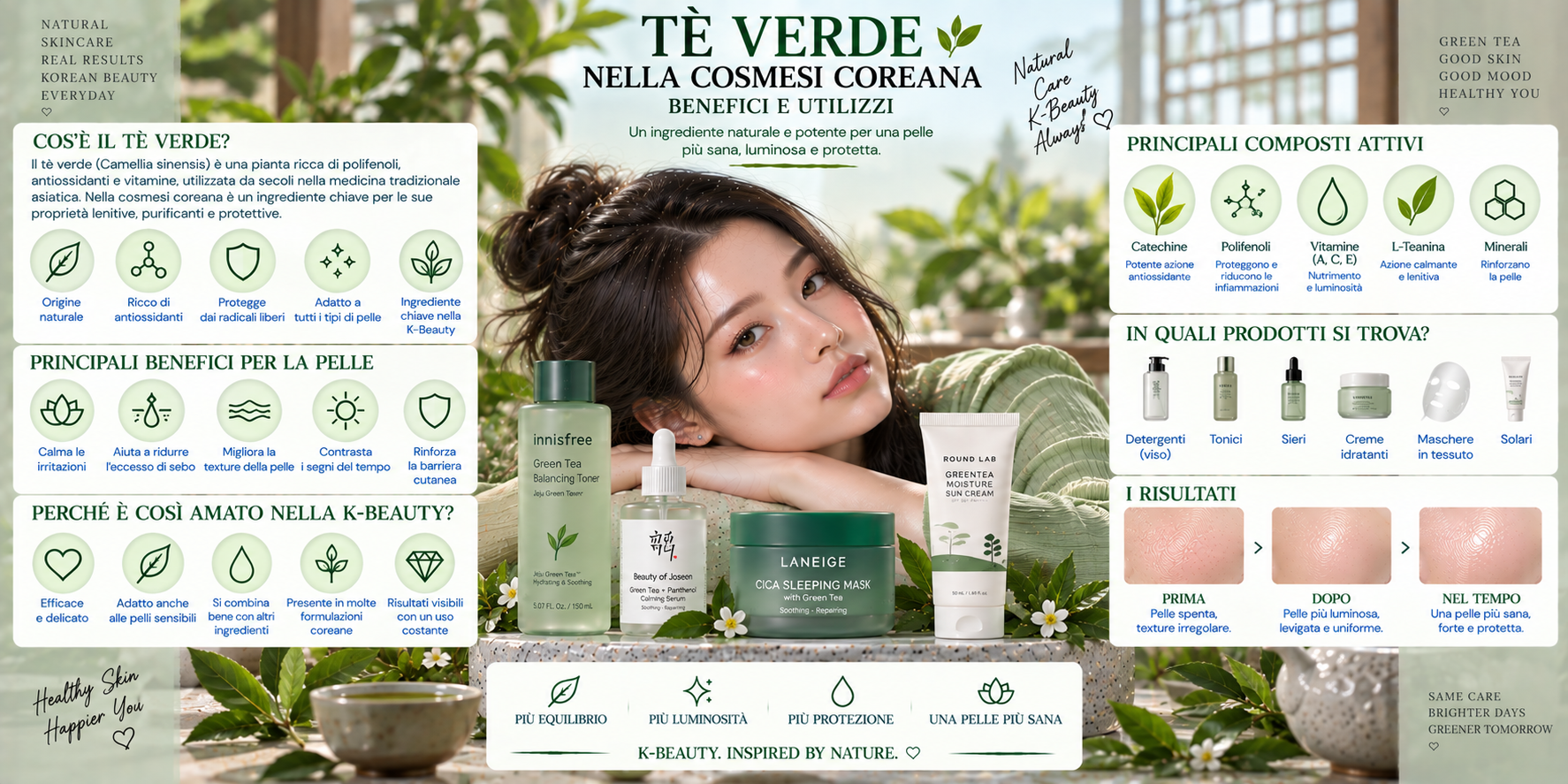 Tè verde nella skincare coreana K-Beauty con foglie di tè verde, essence, siero e prodotti cosmetici per una pelle fresca e luminosa