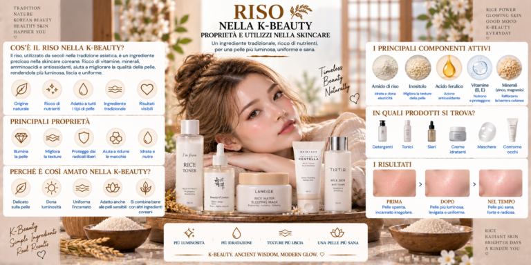 Riso nella skincare coreana K-Beauty con chicchi di riso, essence, toner e prodotti cosmetici per una pelle luminosa e idratata