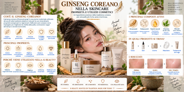Ginseng coreano nella skincare K-Beauty con radice di ginseng, essence, siero e crema per la cura del viso