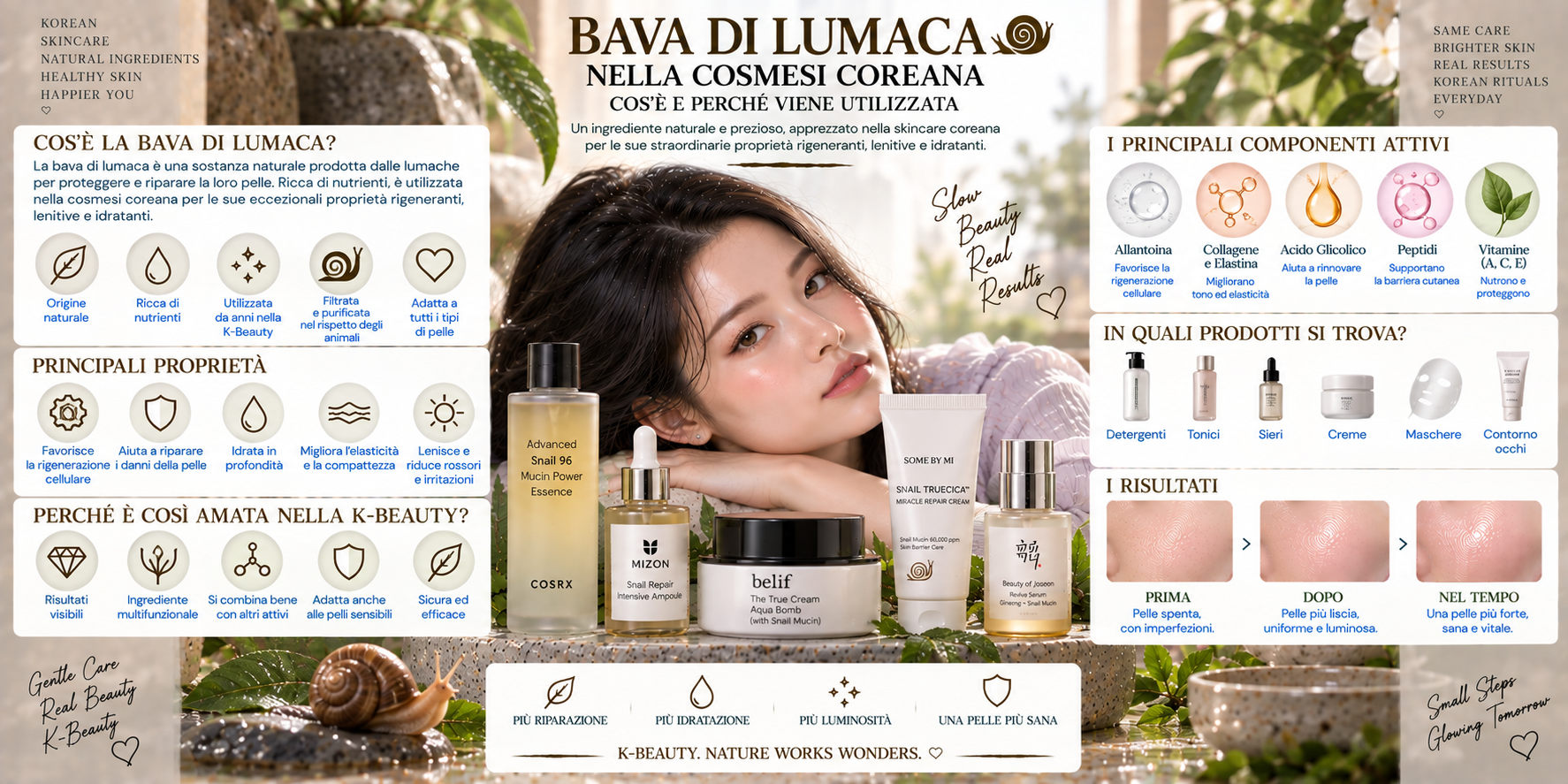 Bava di lumaca Snail Mucin nella skincare coreana con essence, siero e prodotti K-Beauty per la cura del viso